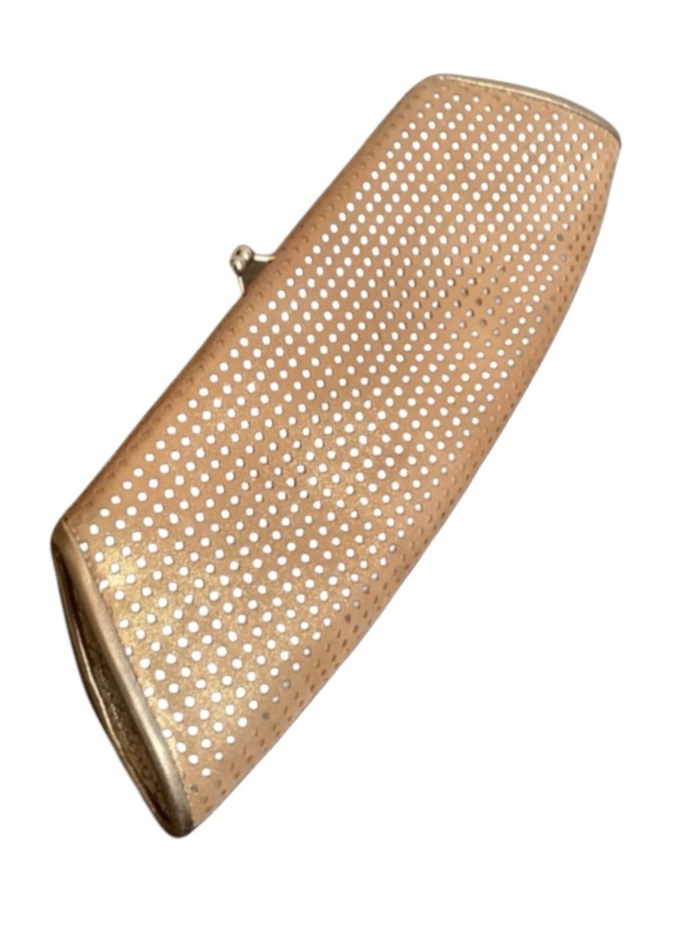 RODO clutch, metallic gold, laser cut suede over satin, “kiss” lock. EUC
